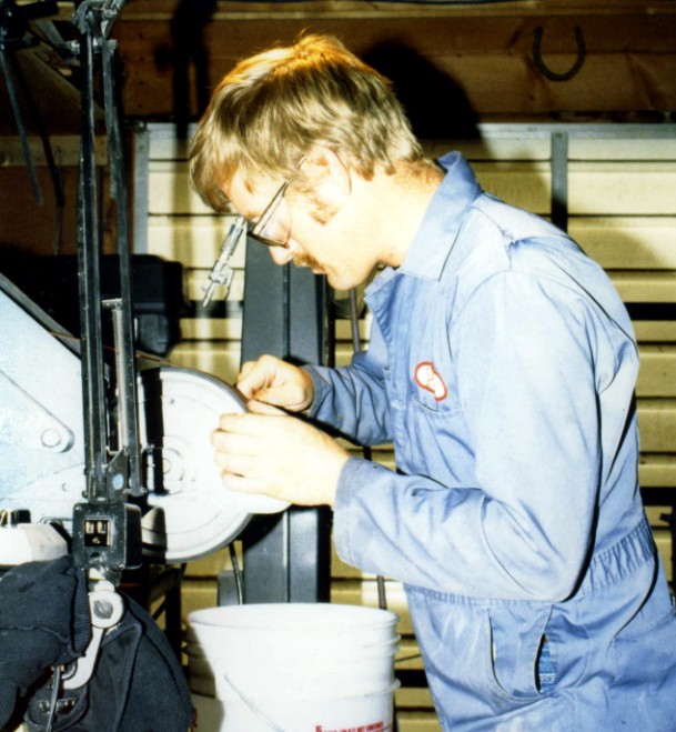 Jay Fisher at the belt grinder in his early 20's