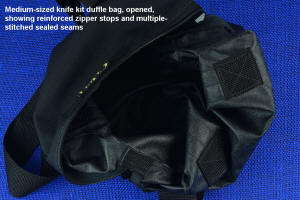 Zipper stops reinforcements on medium sized knife kit duffle bag