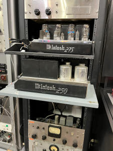 Amplifier rack with McIntosh vacuum tube and transistor amplifiers