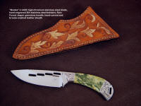 "Bootes" obverse side view in milled and mirror polished 440C high chromium stainless steel blade, hand-engraved 304 stainless steel bolsters, Rain Forest Jasper gemstone handle, hand-carved and bronzed leather sheath