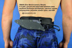 DBAM (Dive Belt Accessory Mount) sheathed view. Knife is clamped rigidly to the padded belt and does not move