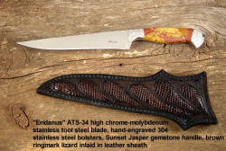 "Eridanus" fine knife by Jay Fisher in stainless tool steel, gemstone, and exotic inlaid leather