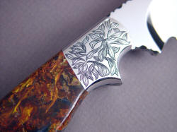 "Altair" reverse side front bolster engraving detail. I chose a fine leaf pattern to match the multidirectional pattern in the gemstone.
