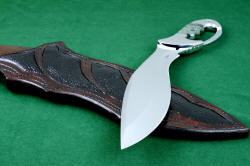 "Ananke" custom fine khukri knife, point detail. Point is aggressive and strong with a substantial swage reducing point profile without sacrificing strength