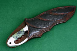 "Ananke" sheathed view, sheath  mouth. Fine leather sheath inlaid with buffalo skin has high back yet shows the beautiful handle material