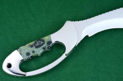 "Ananke" custom khukri, reverse side handle detail. Handle has deep finger grooves for secure grip and full hand guard for safety