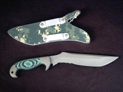 "Arcturus" survival, combat, tactical knife, reverse side view. Sheath back has reversible, moveable belt loops in aluminum that can allow the knife to be worn inverted, or handle down