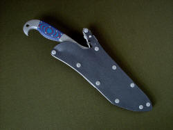 "Arcturus" sheathed view, traditional locking sheath arrangement without belt loop extender. Sheath is double thickness kydex over aluminum welt frame, secured with stainless steel Chicago screws
