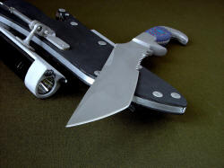 "Arcturus" point detail. Aggressive tanto point with top swage has superior strength in high molybdenum stainless steel