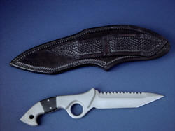 "Ari B'Lilah" counterterrorism knife, reverse side sheath and knife view. Sheath has double belt loops, stitched with double row polyester for durability and strength