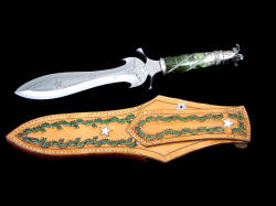 "Ariel" custom dagger, athame, reverse side view. Note tooling on sheath back and belt loop that matches engraving on blade