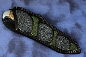 "Axia EL" fine handmade knife sheath front view in T3 deep cryogenically treated CPM 154CM high mollybdenum powder metal technology martensitic stainless steel blade, 304 stainless steel bolsters, Linda Marie Moss Agate gemstone handle, hand-carved leather shoulder inlaid with green, black ray skin