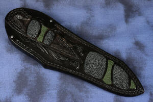 "Axia EL" fine handmade knife sheath back view  in T3 deep cryogenically treated CPM 154CM high mollybdenum powder metal technology martensitic stainless steel blade, 304 stainless steel bolsters, Linda Marie Moss Agate gemstone handle, hand-carved leather shoulder inlaid with green, black ray skin