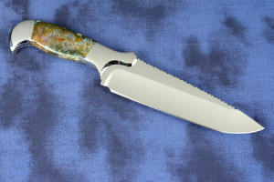 "Axia EL" fine handmade knife reverse side knife profile view  in T3 deep cryogenically treated CPM 154CM high mollybdenum powder metal technology martensitic stainless steel blade, 304 stainless steel bolsters, Linda Marie Moss Agate gemstone handle, hand-carved leather shoulder inlaid with green, black ray skin