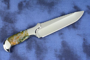 "Axia EL" fine handmade knife reverse side knife profile view in T3 deep cryogenically treated CPM 154CM high mollybdenum powder metal technology martensitic stainless steel blade, 304 stainless steel bolsters, Linda Marie Moss Agate gemstone handle, hand-carved leather shoulder inlaid with green, black ray skin