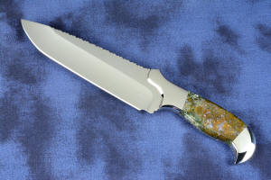 "Axia EL" fine handmade knife obverse side knife profile view in T3 deep cryogenically treated CPM 154CM high mollybdenum powder metal technology martensitic stainless steel blade, 304 stainless steel bolsters, Linda Marie Moss Agate gemstone handle, hand-carved leather shoulder inlaid with green, black ray skin
