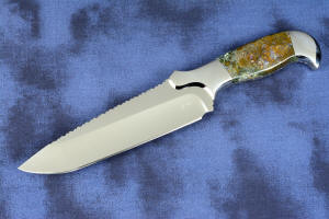 "Axia EL" fine handmade knife obverse side profile view in T3 deep cryogenically treated CPM 154CM high mollybdenum powder metal technology martensitic stainless steel blade, 304 stainless steel bolsters, Linda Marie Moss Agate gemstone handle, hand-carved leather shoulder inlaid with green, black ray skin