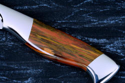 "Bordeaux" fine handmade chef's knife obverse side handle view in 440C high chromium stainless steel blade, 304 stainless steel bolsters, Caprock petrified wood gemstone handle