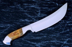 "Courbe Vaste" fine handmade chef's knife, BBQ knife, reverse side view in T3 cyrogenically treated 440C high chromium stainless steel blades, 304 stainless steel bolsters, Caprock petrified wood gemstone handles, Bison (American Buffalo), leather shoulder book case