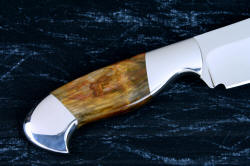 "Courbe Vaste" fine handmade chef's knife, BBQ knife, reverse side handle view in T3 cyrogenically treated 440C high chromium stainless steel blades, 304 stainless steel bolsters, Caprock petrified wood gemstone handles, Bison (American Buffalo), leather shoulder book case
