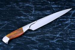 "Bordeaux" fine handmade chef's knife reverse side view in 440C high chromium stainless steel blade, 304 stainless steel bolsters, Caprock petrified wood gemstone handle