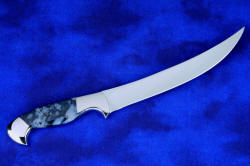 "Courbe" Professional Chef's Trimming, Boning knife, reverse side view in T3 cryogenically treated 440C high chromium stainless steel blade, 304 stainless steel bolsters, Night Leopard Agate gemstone handle