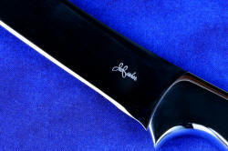 "Courbe" Professional Chef's Trimming, Boning knife, obverse side maker's mark view in T3 cryogenically treated 440C high chromium stainless steel blade, 304 stainless steel bolsters, Night Leopard Agate gemstone handle