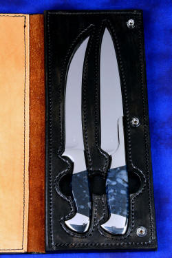 "Bordeaux and Courbe" Professional grade chef's/BBQ knives, inside case view before personalization and engraving, in American Bison, heavy leather shoulder, stainless steel snaps, nylon stitching. 