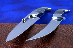 "Bordeaux and Courbe" Professional Chef's Knives/BBQ Knives, knife blades point detail  in T3 cryogenically treated 440C high chromium martensitic stainless steel blades, 304 stainless steel bolsters, Night Leopard Agate gemstone handles, case in American Bison, leather shoulder, stainless steel