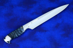 "Bordeaux" professional slicing knife, reverse side view in T3 deep cryogenically treated 440C high chromium stainless steel blade, 304 stainless steel bolsters, Night Leopard Agate gemstone handle