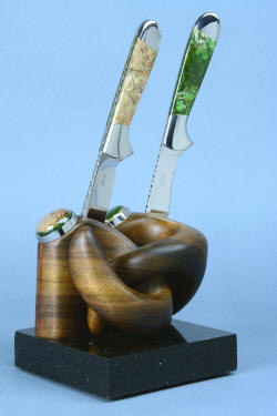 "Clarau Magnum and Kineau Magnum" fine handmade chef's knives, intertwined forms of carved black walnut