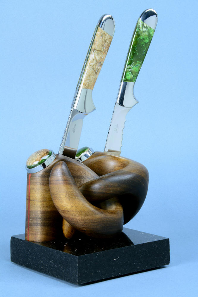 "Clarau and Kineau Magnum" fine handmade chef's knives, in hand-carved stand, in 440C high chromium stainless steel blades, 304 stainless steel bolsters, Fossil Fern and British Colombian Jade gemstone handles, stand of black walnut, gemstone, black galaxy granite