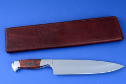 "Concordia" master chef's knife, reverse side view. Chef's roll back shows heavy polyester sinew stitching throughout latigo leather side