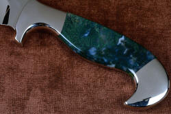 "Conodont" custom knife, obverse side handle detail. Bolsters are tough austenitic stainless steel, zero care and forever material