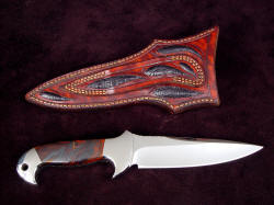 "Cygnus-Horrocks" custom knife, reverse side view. Sheath belt loop is double row stitched for strength, sheath back and loop have ostrich leg skin inlays