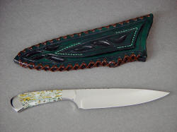 "Cygnus" chef's, kitchen, utility knife, reverse side view. Note full tooling on sheath back and belt loop, and striking gemstone handle material