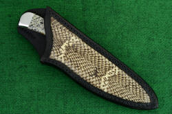 "Cygnus ST" sheathed view. Sheath is very deep and protective, full panel inlay of real cobra skin accents handle and ensemble