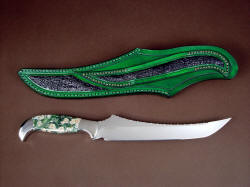 "Dagon" custom fillet knife, reverse side view. Note frog skin inlays on sheath back and belt loop, fine hand-stitching in sheath 
