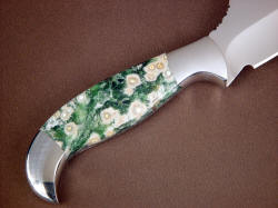 "Dagon" reverse side handle detail. Green orbicular jasper and agate takes a high, glassy polish and lasts indefinitely