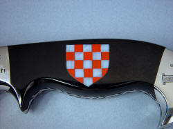 "Duhovni Ratnik" obverse side handle detail. Gemstone mosaic inlaid in Australian black jade knife handle