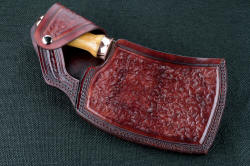 "Edesia" fine handmade chef's cleaver, sheathed view. Elegance and simplicity come together in this double flap retention sheath with double row polyester stitching through heavy leather shoulder