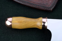 "Edesia" cleaver, reverse side view, handle detail. Pure copper fittings are ferrule caps, containing the ends of the olive hardwood handle