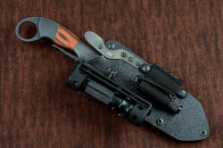 "Galatea" professional tactical, combat, rescue, CSAR, counterterrorism knife, shown with mounted HULA and primary light, backup LIMA with ThruNite LED, webframe and retainer