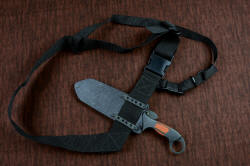 "Galatea" professional tactical, combat, rescue, CSAR, counterterrorism knife, shown mounted to sternum harness, heavy stainless steel milled straps in mounting