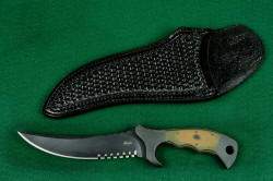 "Ghroth" professional counterterrorism, combat, tactical knife, obverse side view, leather sheath option in black basketweave