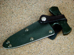 "Grim Reaper" sheathed view. Note retention method. Leather strap has snaps on both ends, snaps are screw-attached to sheath through welts for maximum dependability