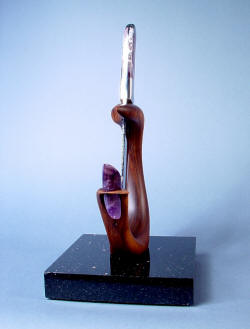 "Hestia" fine chef's, display, investment knife stand view. Solid purple amethyst gemstone is removeable.