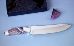 "Hestia" chef's knife, reverse side view: Lace Amethyst is matched on sides of handle. 