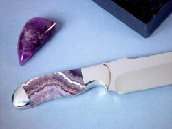 "Hestia" reverse side handle detail: Note beautiful hand-polished amethyst gemstone accenting chef's knife