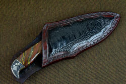 "Hooded Warrior" sheathed view. Ostrich leg skin inlaid in leather, sheath mouth view